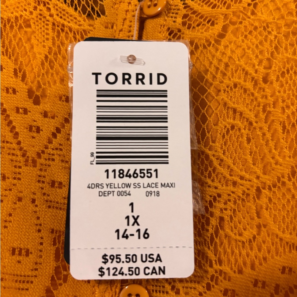 Torrid Yellow Lace Maxi Dress -